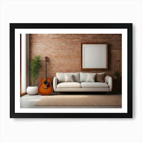 Acoustic Guitar and blank frame in living room 1 Art Print