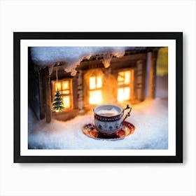 Miniature Winter Cottage Nestled In A Cozy Teacup Steam Rising Gently Surrounded By Snowflakes Mi Art Print