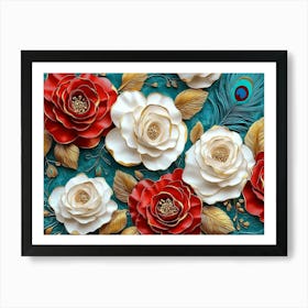 3d Pattern Diamond with Crimson, Turquoise and Golden Roses Flowers Art Print