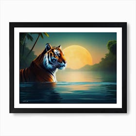 A Tiger Watching Prey From Water in Photo Realistic Paint Art Art Print