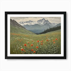 Vintage Oil Painting of indian Paintbrushes in a Meadow, Mountains in the Background 6 Art Print