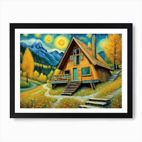 Van Gogh S Style A Frame Cabin In The Swiss Alps Art Print