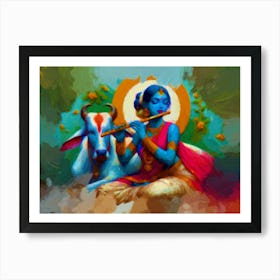 Divine Melody: Radha's Flute and Her Cow's Serene Harmony Art Print
