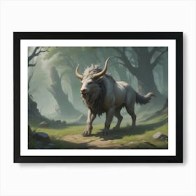 A Mythical Creature Resembling A White Bull With A Lion S Mane Standing In A Misty Forest Art Print