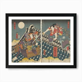 Vertical Ōban Diptych; Two Figures Engaged In A Battle On A Black, Blue And White Roof, With Clouds Below And Moo Art Print