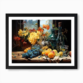 Still life with grapes, peaches and flowers Art Print