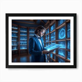 A Man Wearing A Suit And Bow Tie Stands In A Library Setting, Reading A Book With Glowing, Holographic Pages Art Print