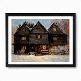 Salem Witch House in the Snow - Oil Painting Winter Witches Scene Witchy Art Print - Salem Witch Trials Halloween Samhain Yule Candlelight Spooky Vintage New England Art Print