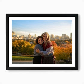 Best Friends Embracing In A Warm Hug Their Smiles Radiant Against The Backdrop Of A Bustling Urban Art Print