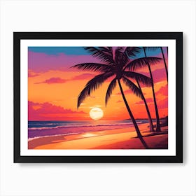 A Tranquil Beach At Sunset Horizontal Illustration 26 Art Print