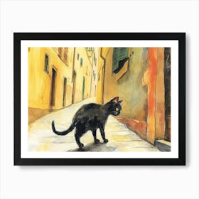 Black Cat In Florence Firenze, Italy, Street Art Watercolour Painting 3 Art Print