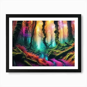 A stream running through a colorful mystical magical forest 1 Art Print