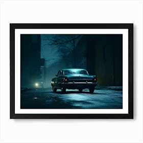 Hyper realistic AI art of vehicle driving at night  with city lights lighting the scene. Art Print