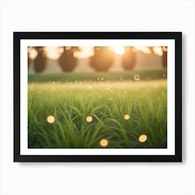 A Close Up Shot Of A Grassy Field At Sunset, With Water Droplets And Bokeh Effects 2 Art Print