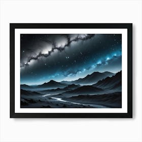 A Dark, Otherworldly Landscape With A Winding River Flowing Through A Valley Under A Starry Night Sky Art Print