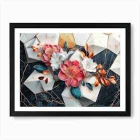 Elegant 3d Marble Texture Pattern Geometric Polygon Shape with Flowers Art Print