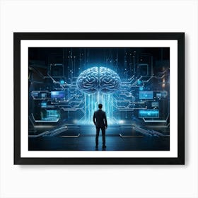 Abstract Cyber Concept Art Featuring A Human Brain At The Center Of Innovation Connected With Futur (1) Art Print