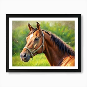 Close Up Portrait Of A Brown Horse In A Green Field Art Print