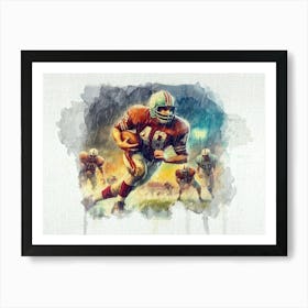 Football Player Running In The Rain Watercolor Art Print