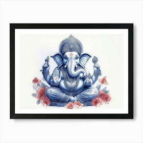 3d Pencil Sketch Drawing Of Indian God Ganesh Blue Tone 1 Art Print