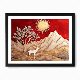 Leaves on Tree, Golden Lines, Antique White Deer and Tree. Golden Sun and Red Mountain Art Print