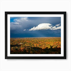 Cumulus Clouds Towering High Above A Serene Autumnal Landscape Sunlight Piercing Through Overcast S (3) 1 Art Print