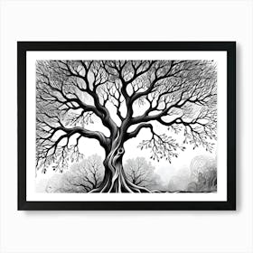 Abstract Black And White Illustration Of A Tree With Twisted Branches And A Swirling Background 1 Art Print