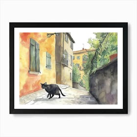 Black Cat In Udine, Italy, Street Art Watercolour Painting 2 Art Print