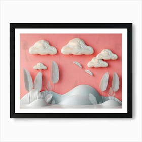 3d Pastel Pink Background Silver Feathers Dreamy Clouds and Unique Art Print