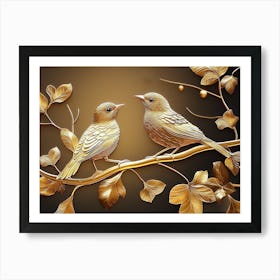 Birds On A Branch, Opulent Sparrow 3d Golden Art Art Print