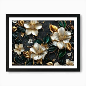 Luxury Floral Seamless With Flowers Elegant Leather Texture Illustration Background In Golden, Green, White 5 Art Print