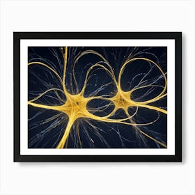 Abstract 3d Rendering Of A Glowing Neuron Like Network With Interconnected Golden Strands And A Blue Black Background Art Print