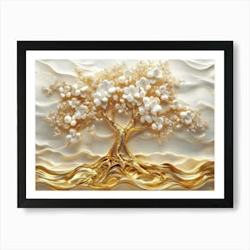 3d Art With Gold Tree Life White Pearl And Flowers 1 Art Print