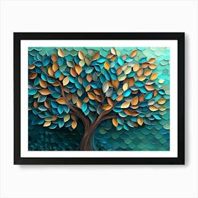 3d Tree Artwork with Swirling Turquoise, Blue, And Brown Leaves, Dynamic Green Hexagon Art Print