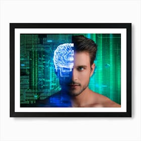 Abstract Portrait Of A Cyborg Man With A Human Profile Merging Into A Cubic Brain Showcasing The Co (4) Art Print