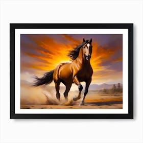 Beautiful Brown Wild Mustang Galloping In A Sandy And Dry Region Infront Of A Sunrise Spoting Something - Color Painting Art Print