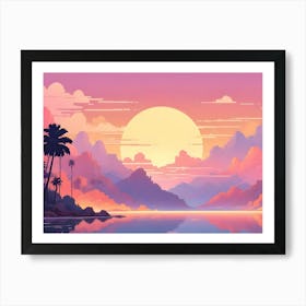 A Vibrant And Colorful Landscape With A Large, Glowing Sun Setting Behind Mountains And Palm Trees Art Print