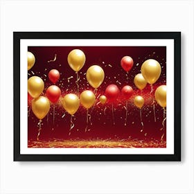 Red And Gold Balloons Float Against A Sparkly Red Background With Falling Confetti Art Print