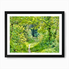 Enchanted Forest Path. A serene forest path surrounded by lush greenery, winding through tall trees and dense foliage, evoking a sense of peace and natural wonder. 1 Art Print