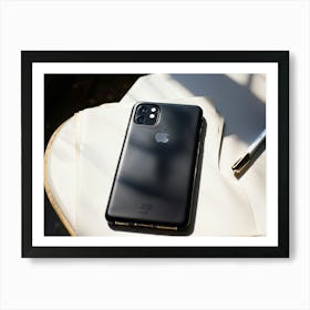 Black Leather Phone Case Mock Up Rests Slightly Open On A Pristine White Table Beside A Vintage No 1 Art Print