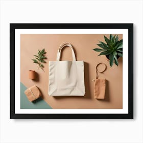 A Minimalist Image Featuring A White Tote Bag With A Brown Handle, Surrounded By Natural Elements Such As A Potted Plant, A Branch, And A Brown Pouch, Creating A Simple And Elegant Design Art Print