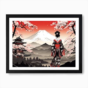 Ukiyo E Mount Fuji Japan Geisha Colour 1 Art Print
