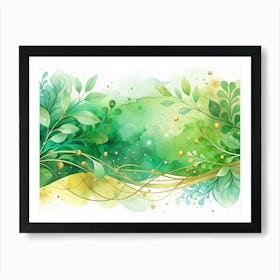 Watercolor Floral Background With Green Leaves And Gold Lines Art Print