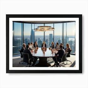 Confident Ceo Seated At The Head Of A Sleek Gleaming Mahogany Conference Table Leading An Energize (2) 1 Art Print