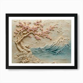 Beautiful Sakura Tree And Mountain 3d Painting Art Print