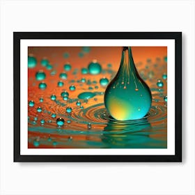 A Single Turquoise Water Droplet Falling Into A Pool Of Water, Creating Concentric Ripples And Smaller Droplets, Against An Orange Background Art Print