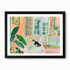 Cat On Sofa Matisse Pink Green Landscape Art Print