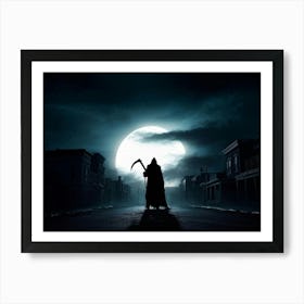 Silhouette Of A Sinister Reaper Scythe Raised Standing Against A Backdrop Of A Full Moon On Hallow (1) Póster