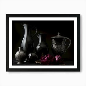 Black absolute, trending black still life with Bordo peony. Livingroom print art Art Print