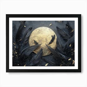 3d Art Dark Gray Background, Golden and Black Feathers for the Moon Affiche